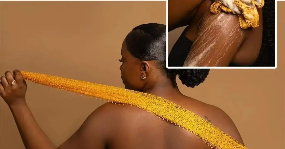 Woman using a long Vezara sponge to reach her back in the shower